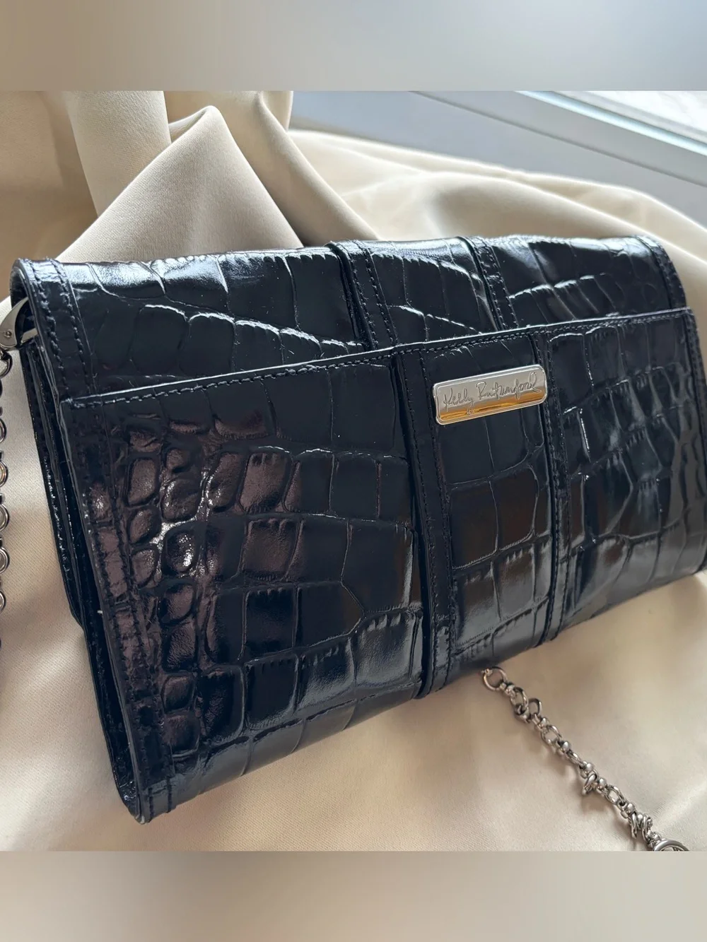KELLY RUTHERFORD black patent RHINESTONE clutch SHOULDER BAG